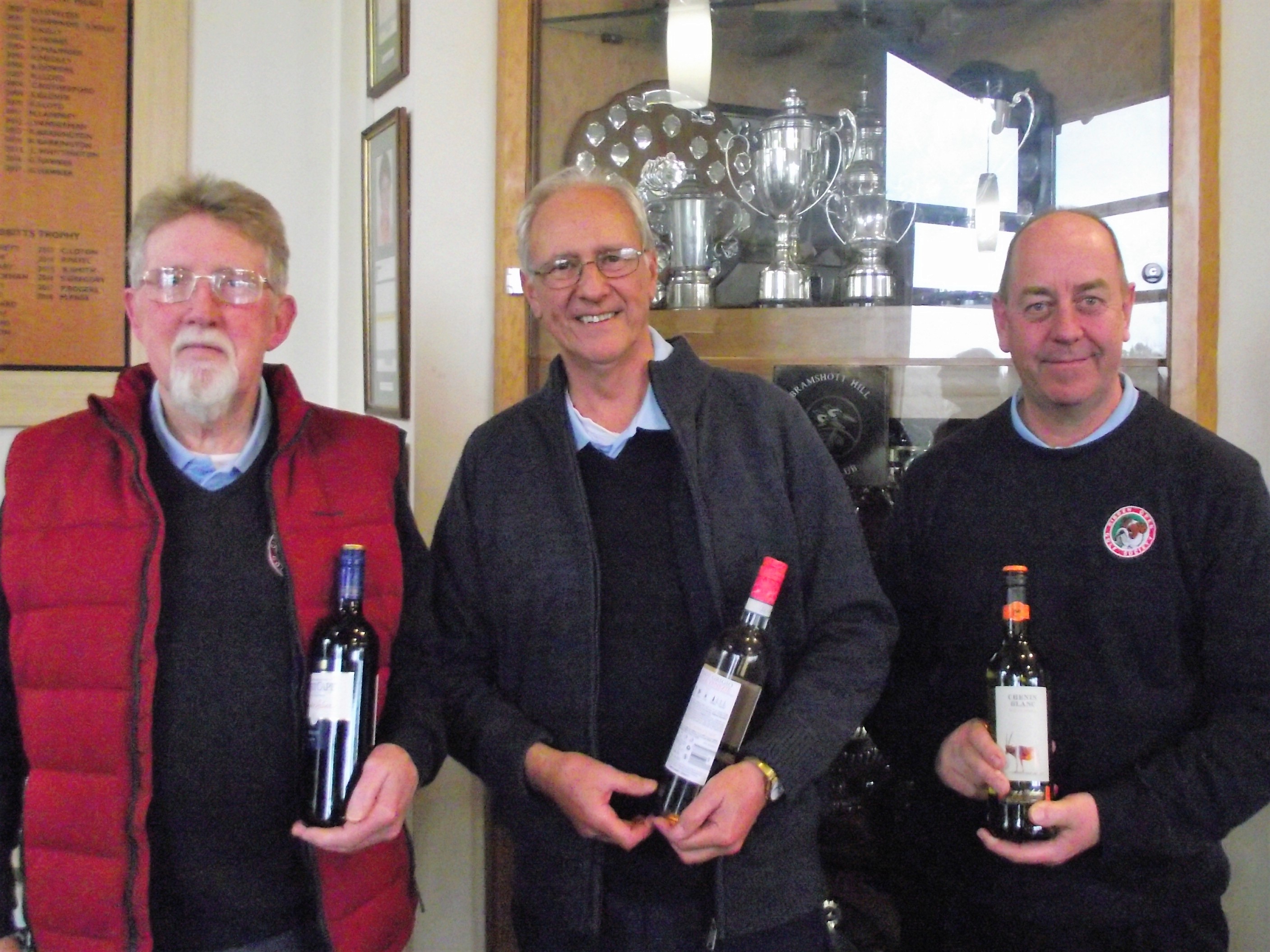 5 Mar. Wine Winners:  l to r Phil Huxley N/P 11th; Ron Gooding N/P 4th; John Slade P/A 15th